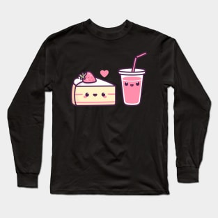 Cute Kawaii Strawberry Cake and Strawberry Milkshake in Love | Kawaii Food Art Long Sleeve T-Shirt